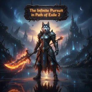 A fantasy game-inspired image featuring an anthropomorphic Husky character in elaborate fantasy attire, set against an ethereal, fast-moving background, representing themes of infinite pursuit and expedited progression in Path of Exile 2.