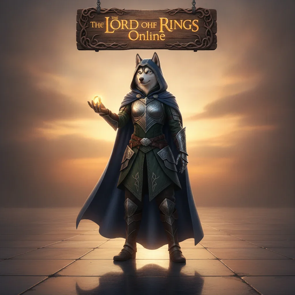 A fantasy artwork featuring an anthropomorphic Husky in medieval armor, standing over a map, surrounded by glowing icons representing game objectives.