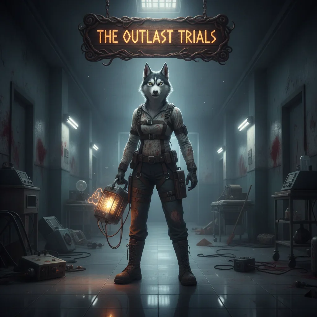 An anthropomorphic Husky character in a fantasy setting, themed around The Outlast Trials boosting services content.