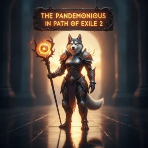 Fantasy artwork with an anthropomorphic husky in ornate armor, representing Path of Exile 2's Pandemonius content and related progression systems.