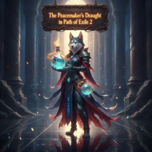 Anthropomorphic Husky character in fantasy attire, inspired by Path of Exile 2's Peacemaker's Draught content. The artwork represents specific build optimization objectives and unique item effects in a dark fantasy environment.