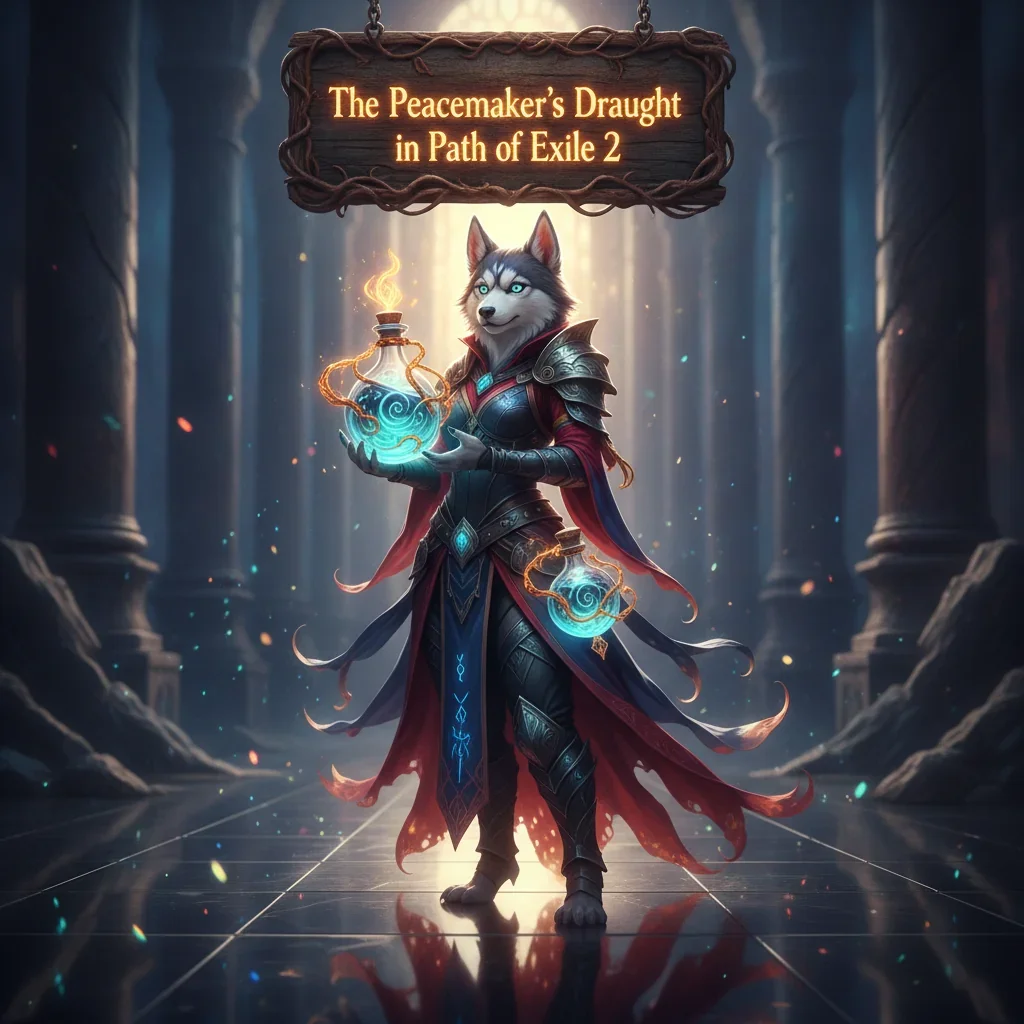 Anthropomorphic Husky character in fantasy attire, inspired by Path of Exile 2's Peacemaker's Draught content. The artwork represents specific build optimization objectives and unique item effects in a dark fantasy environment.