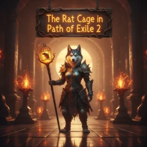 An anthropomorphic Husky character in fantasy armor stands in a dark dungeon, representing the Rat Cage Boost content in Path of Exile 2. This artwork is themed around specific game objectives and challenge completion.