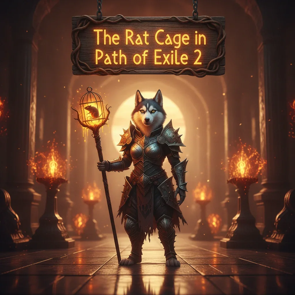 An anthropomorphic Husky character in fantasy armor stands in a dark dungeon, representing the Rat Cage Boost content in Path of Exile 2. This artwork is themed around specific game objectives and challenge completion.