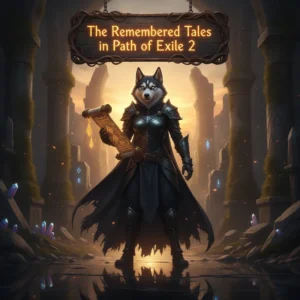An anthropomorphic Husky character in a fantasy setting, wearing themed attire. The artwork is related to Path of Exile 2 Remembered Tales content and narrative objectives.