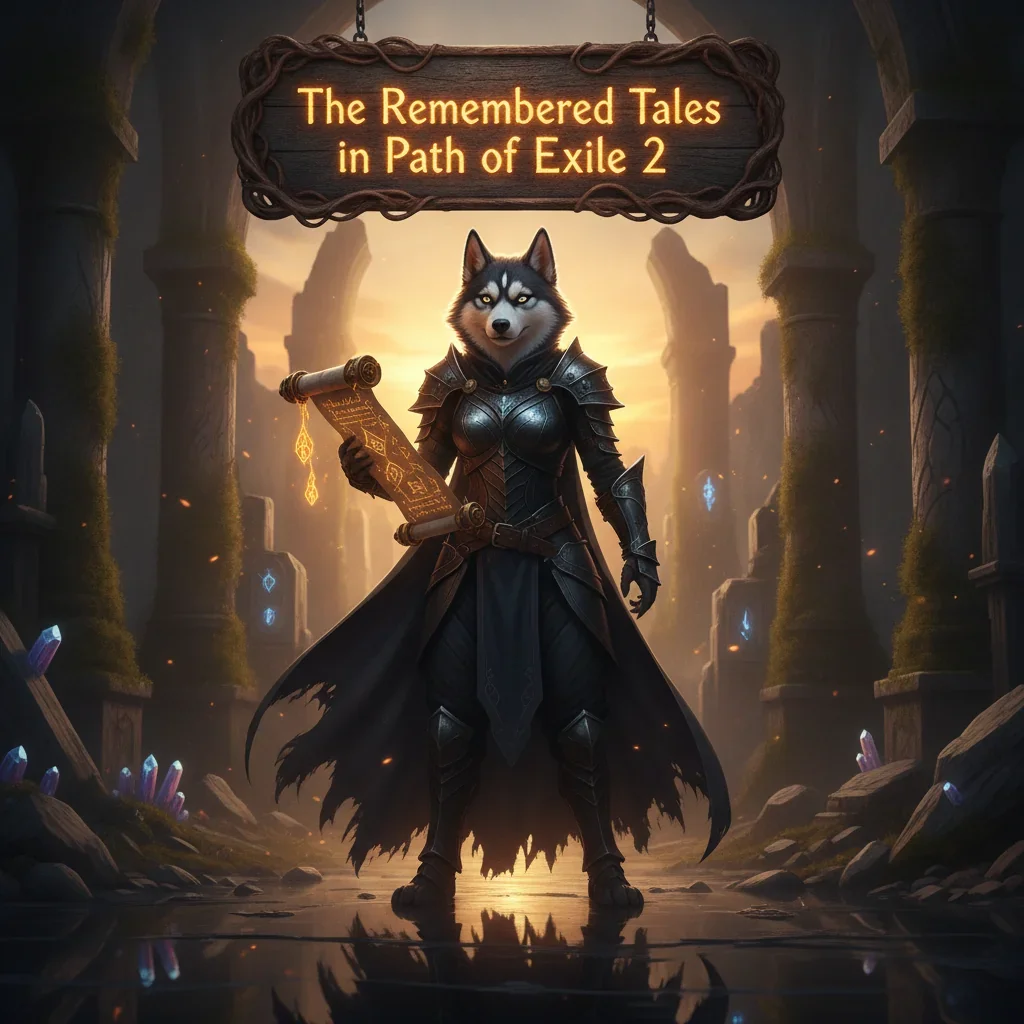 An anthropomorphic Husky character in a fantasy setting, wearing themed attire. The artwork is related to Path of Exile 2 Remembered Tales content and narrative objectives.