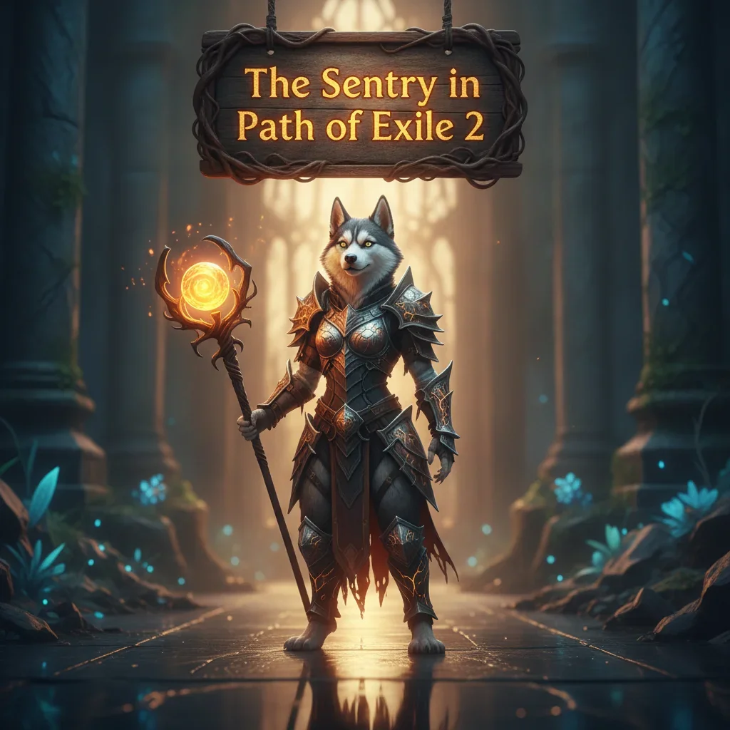 Fantasy artwork featuring an anthropomorphic husky character in an armored outfit, representing Sentry Boost content and objectives in Path of Exile 2.
