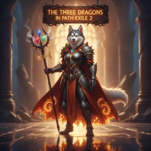 An anthropomorphic husky character in intricate fantasy armor, standing in a dark, dragon-themed environment, representing content from Path of Exile 2.
