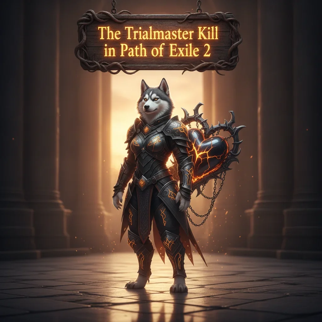 Fantasy artwork depicting an anthropomorphic Husky character, robed in intricate fantasy attire, set within a dark, foreboding Path of Exile 2 environment. The artwork is themed around the Trialmaster boss challenge and endgame content.