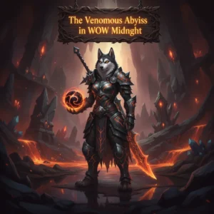 Fantasy artwork featuring an anthropomorphic Husky character in formidable fantasy armor, standing against a dark, ominous abyss backdrop, representing challenging endgame gear acquisition.