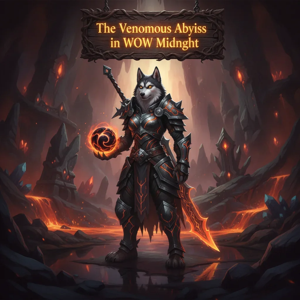 Fantasy artwork featuring an anthropomorphic Husky character in formidable fantasy armor, standing against a dark, ominous abyss backdrop, representing challenging endgame gear acquisition.