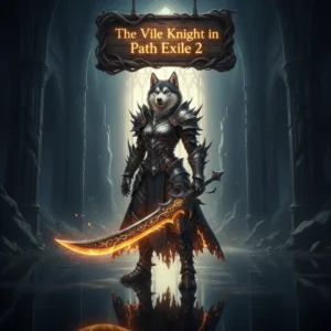 Anthropomorphic Husky character in formidable dark fantasy armor, themed around Vile Knight objectives and challenging content in a Path of Exile 2 setting.