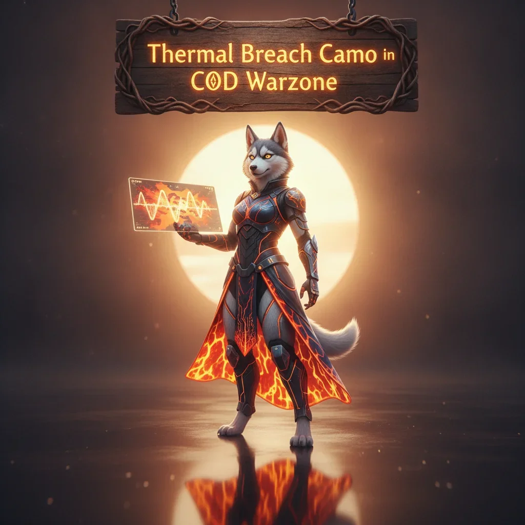 An anthropomorphic husky character in tactical fantasy gear stands in a game-inspired setting, reflecting Thermal Breach Camo boost content.