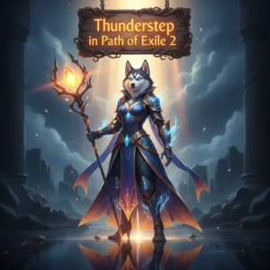 Anthropomorphic Husky character in fantasy armor, surrounded by lightning effects, representing the Thunderstep Boost content in Path of Exile 2. The dynamic scene conveys skill enhancement objectives.