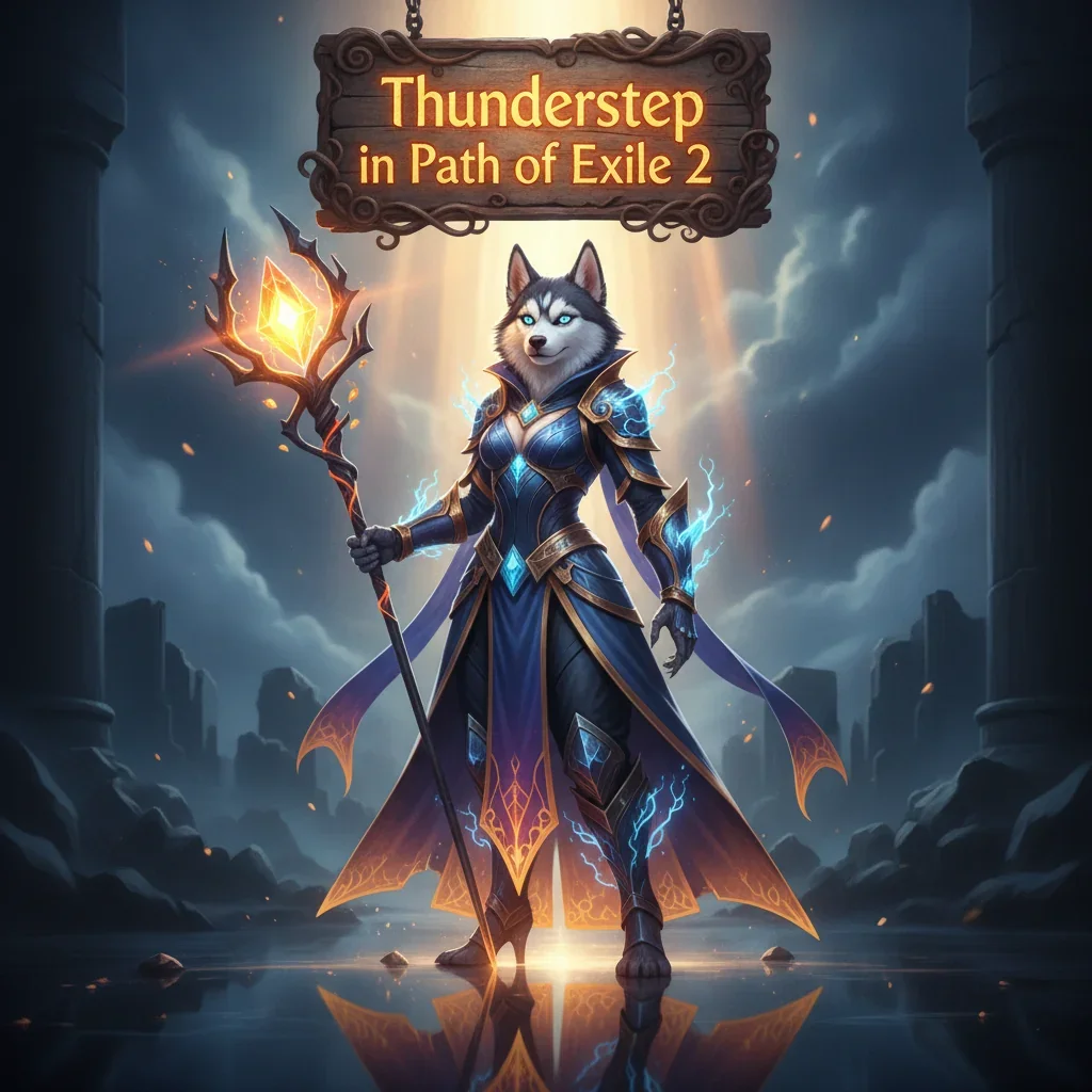 Anthropomorphic Husky character in fantasy armor, surrounded by lightning effects, representing the Thunderstep Boost content in Path of Exile 2. The dynamic scene conveys skill enhancement objectives.