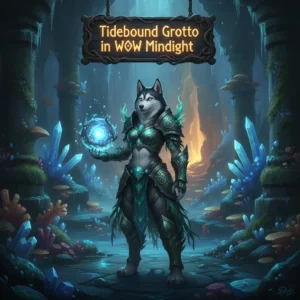 Fantasy artwork featuring an anthropomorphic husky character in an underwater grotto, themed around the challenging content of the Tidebound Grotto in WoW Midnight.