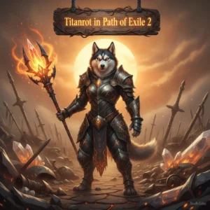 Fantasy artwork with an armored anthropomorphic Husky character in a dark, atmospheric setting, representing Path of Exile 2 Titanrot challenge content.