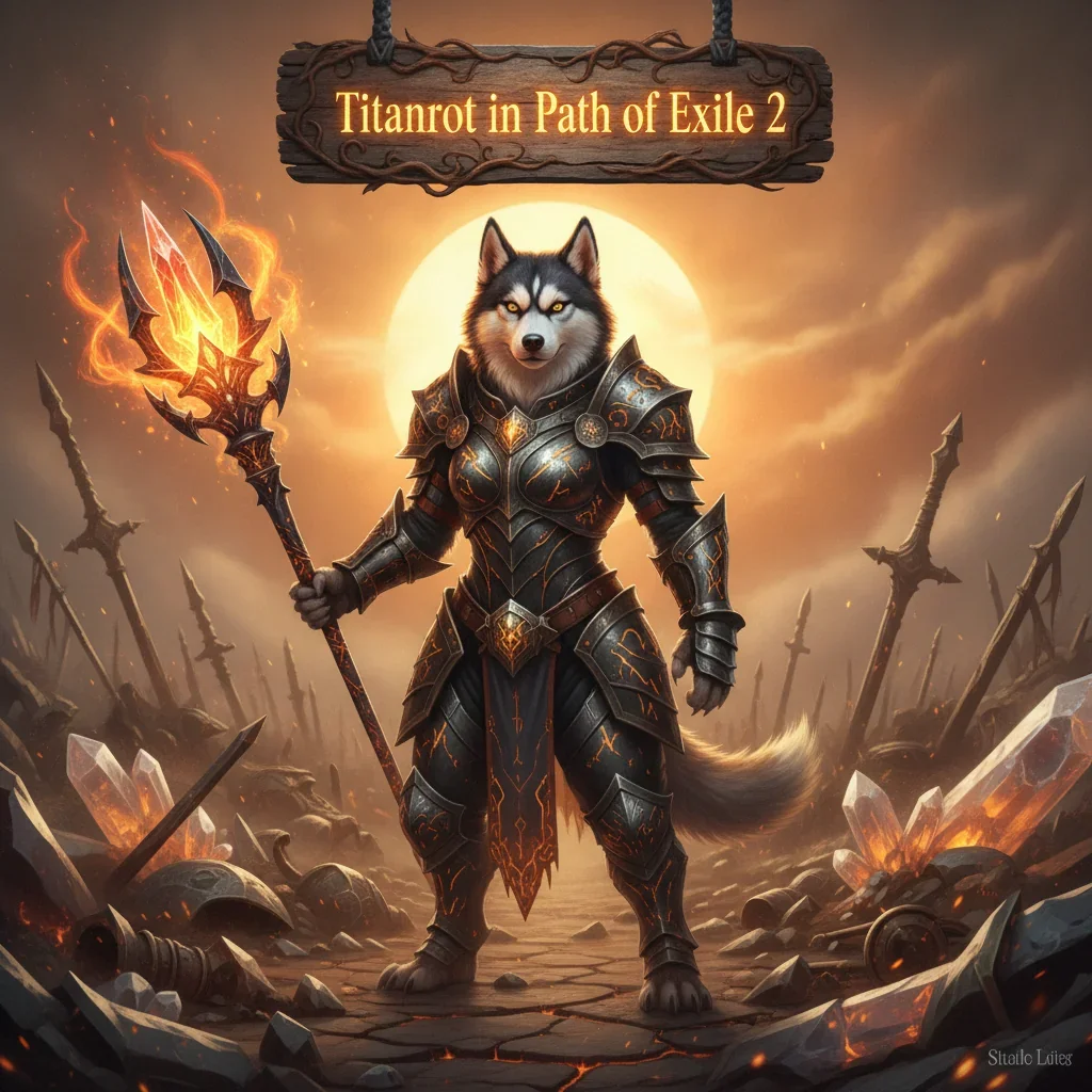 Fantasy artwork with an armored anthropomorphic Husky character in a dark, atmospheric setting, representing Path of Exile 2 Titanrot challenge content.