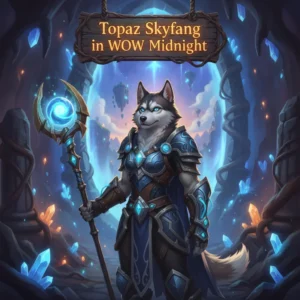 An anthropomorphic Husky character wearing fantasy armor, inspired by the Topaz Skyfang content from WoW Midnight, set in a mystical game environment.