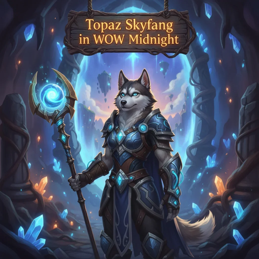 An anthropomorphic Husky character wearing fantasy armor, inspired by the Topaz Skyfang content from WoW Midnight, set in a mystical game environment.