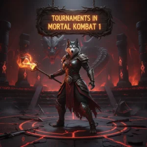 Fantasy artwork with an anthropomorphic husky character in detailed armor, set in a mystical arena, representing competitive Mortal Kombat 1 tournament content and objectives.