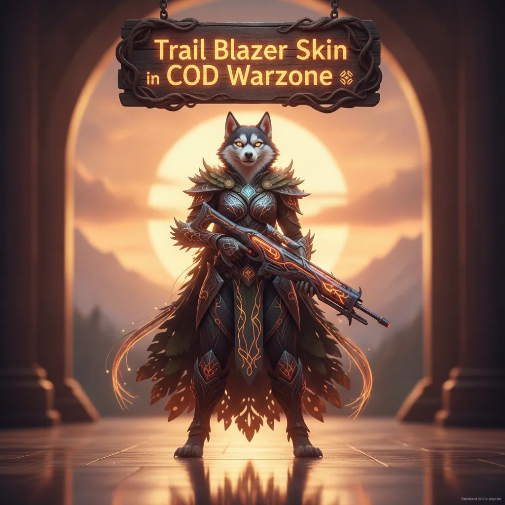 An anthropomorphic Husky character is depicted in fantasy-themed Trail Blazer armor, set against an ethereal, game-inspired background, representing cosmetic enhancements.