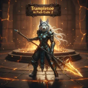 Anthropomorphic Husky character in fantasy armor, representing Trampletoe Boost content and progression systems in Path of Exile 2.