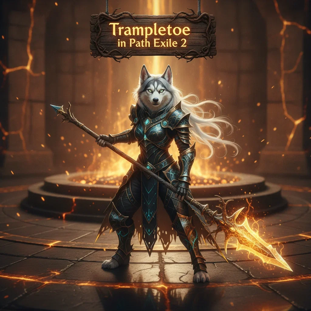 Anthropomorphic Husky character in fantasy armor, representing Trampletoe Boost content and progression systems in Path of Exile 2.