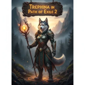 An anthropomorphic Husky character in fantasy armor, set in a dark fantasy environment. The artwork is themed around Trephina-related content and objectives in Path of Exile 2.