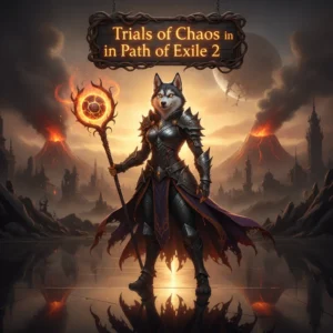 Anthropomorphic Husky in fantasy armor, set in a mystical environment, featured in artwork related to Path of Exile 2's Trials of Chaos content.
