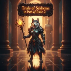 An anthropomorphic husky character in fantasy attire, featured in artwork inspired by Path of Exile 2's Sekhema Trials content, representing demanding endgame objectives.