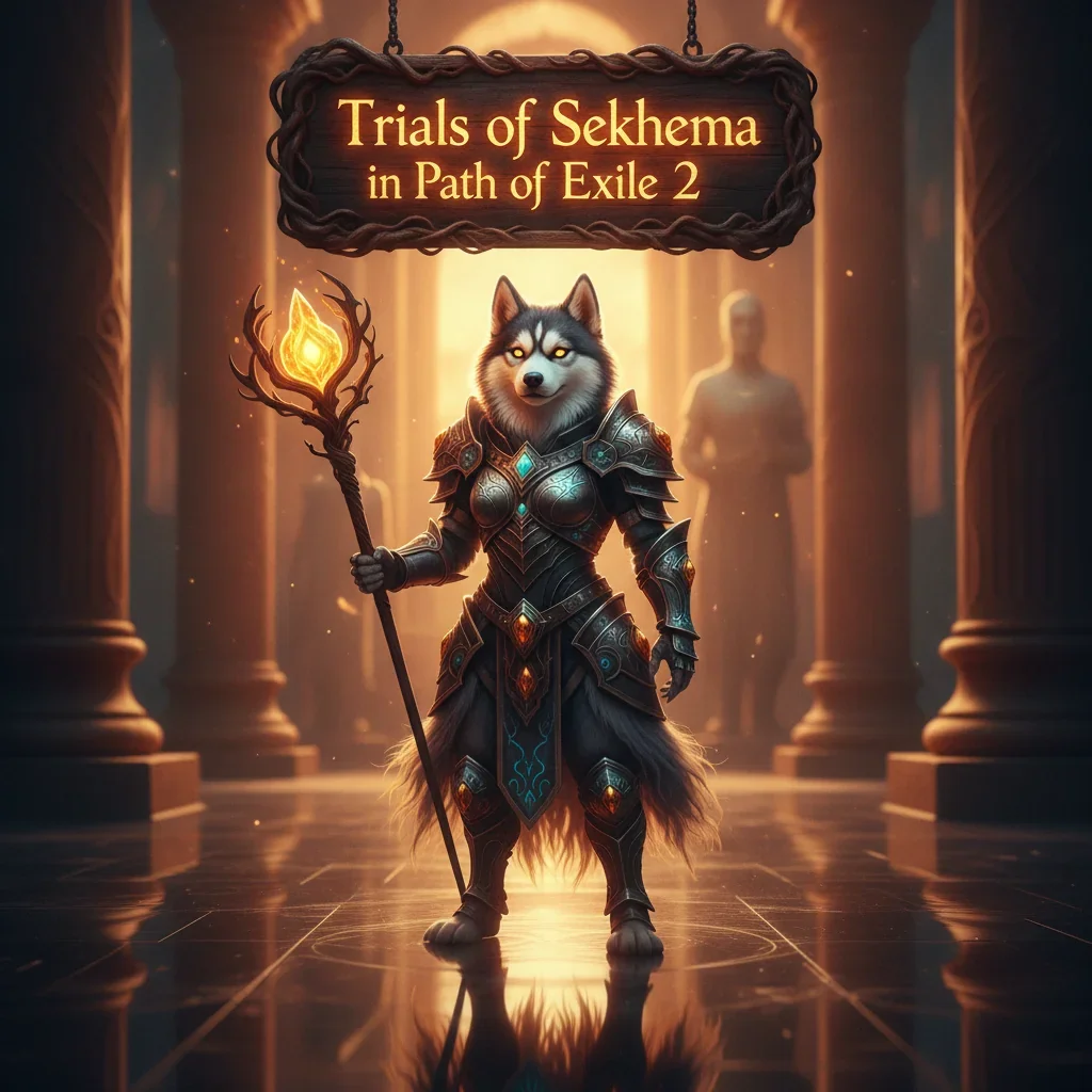 An anthropomorphic husky character in fantasy attire, featured in artwork inspired by Path of Exile 2's Sekhema Trials content, representing demanding endgame objectives.