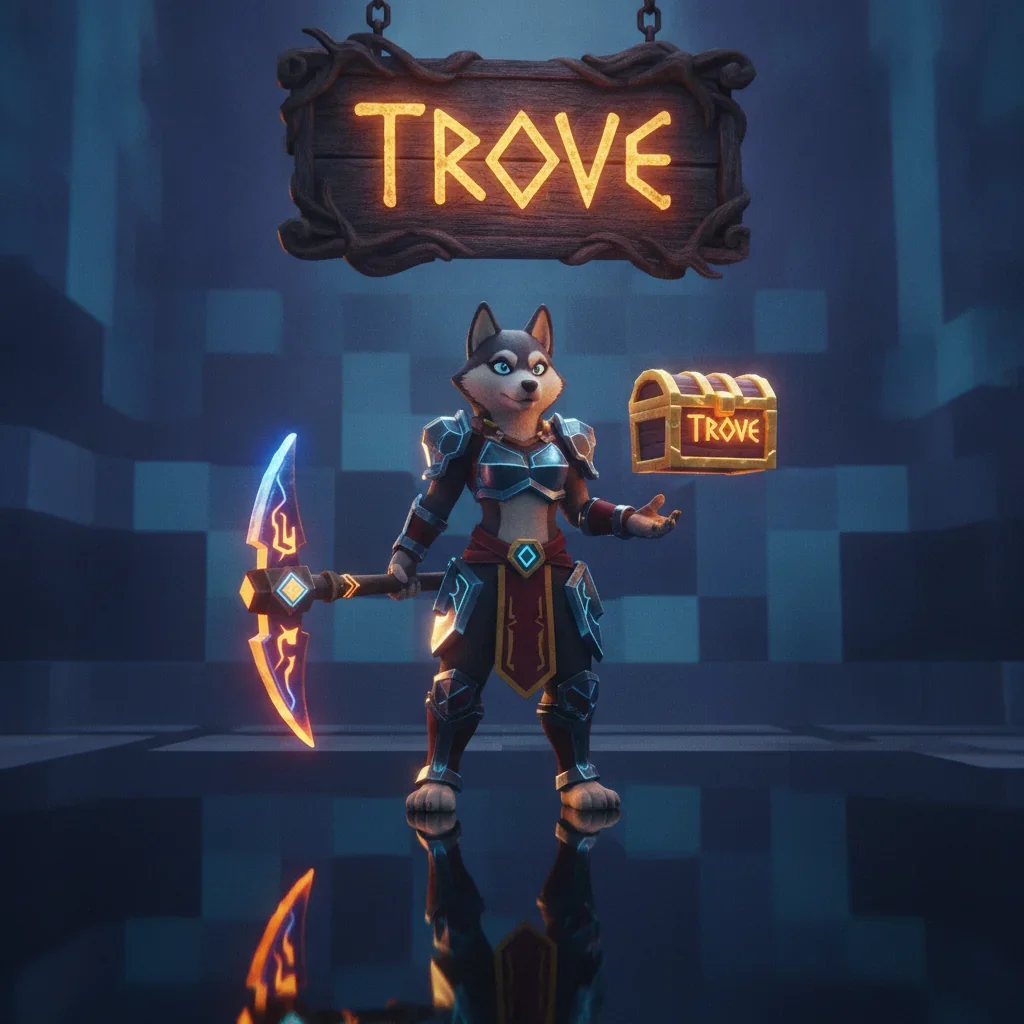 Fantasy artwork featuring an anthropomorphic Husky character, themed around Trove game content.