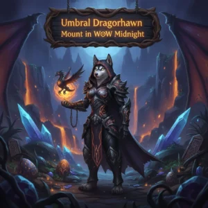 Anthropomorphic Husky in fantasy armor, representing the Umbral Dragonhawk Mount Boost content for WoW Midnight. The artwork is themed around acquiring this unique flying mount.