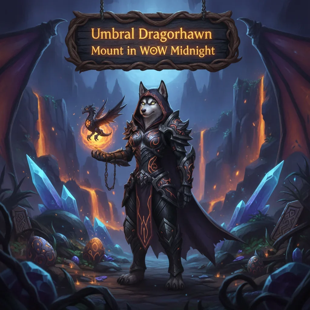 Anthropomorphic Husky in fantasy armor, representing the Umbral Dragonhawk Mount Boost content for WoW Midnight. The artwork is themed around acquiring this unique flying mount.