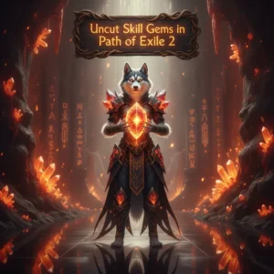 An anthropomorphic Husky character, adorned in fantasy armor, stands in a mystical landscape, representing Path of Exile 2 skill gem progression content.