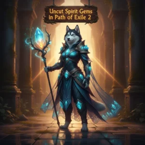 An anthropomorphic Husky character in themed fantasy armor, in artwork inspired by Uncut Spirit Gems and their importance in Path of Exile 2 resource acquisition.
