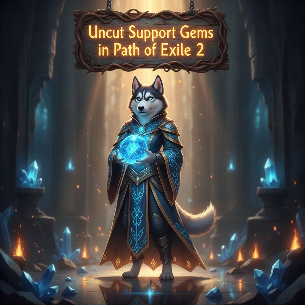 Fantasy artwork inspired by Path of Exile 2, featuring an anthropomorphic husky character in an epic fantasy setting, representing the pursuit of powerful Uncut Support Gems for character builds.