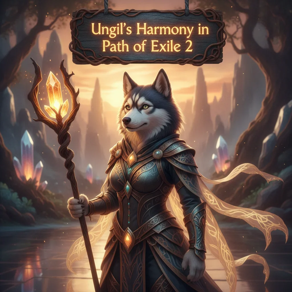 Fantasy artwork depicting an anthropomorphic Husky character, themed around Ungil's Harmony Boost content in Path of Exile 2, set in a mystical game environment.