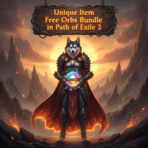 Fantasy artwork featuring an anthropomorphic Husky character in a mystical setting, themed around Path of Exile 2 unique item and free orbs bundle rewards.