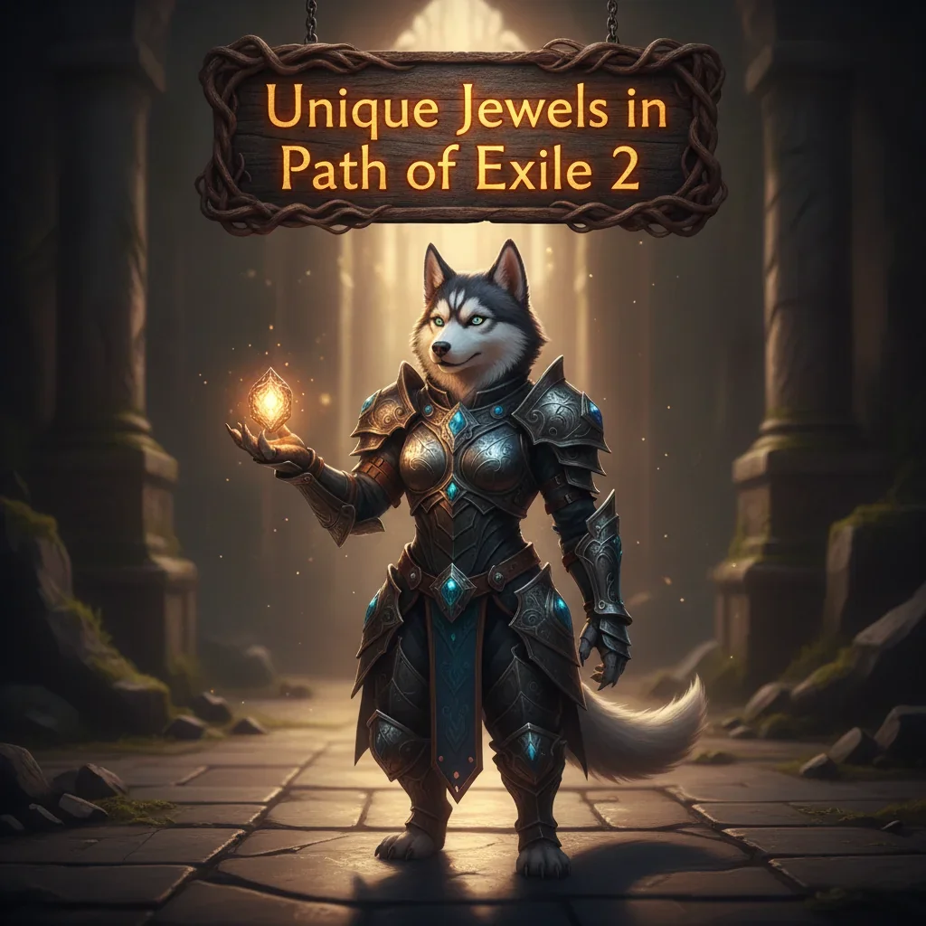 Fantasy artwork featuring an anthropomorphic Husky character in elaborate fantasy attire, set in a mystical, game-inspired environment, representing unique jewel enhancement content for Path of Exile 2.