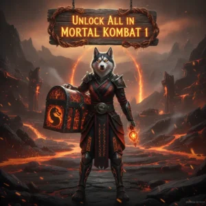 Anthropomorphic Husky character in ornate fantasy armor, set in an mystical environment, representing the theme of acquiring boosts in Mortal Kombat 1 content.
