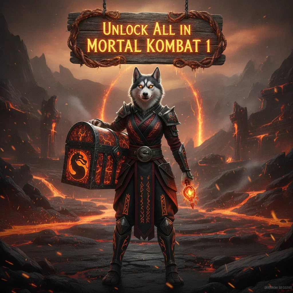 Anthropomorphic Husky character in ornate fantasy armor, set in an mystical environment, representing the theme of acquiring boosts in Mortal Kombat 1 content.