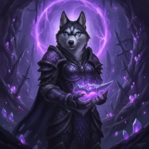 Artwork representing an anthropomorphic Husky character in a mystical, dungeon-like environment, themed around the challenging Venomfall Deeps content and objectives in WoW Midnight.