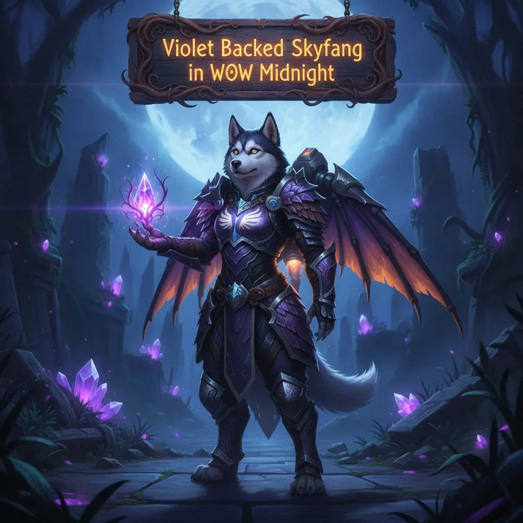 Fantasy artwork featuring an anthropomorphic Husky character in a magical environment, themed around Violet Backed Skyfang progression content and game objectives in the WoW Midnight universe.