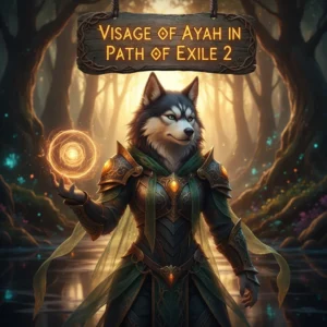 An anthropomorphic Husky character in fantasy attire, featured in artwork related to Visage of Ayah content and objectives for Path of Exile 2.