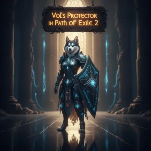 Anthropomorphic husky character in fantasy armor, themed around Vol's Protector content and defensive progression in Path of Exile 2.