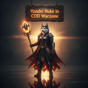 Fantasy artwork of an anthropomorphic husky in armored gear within a dramatic, ruined fantasy city, themed around the ultimate Nuke objective on Vondel.