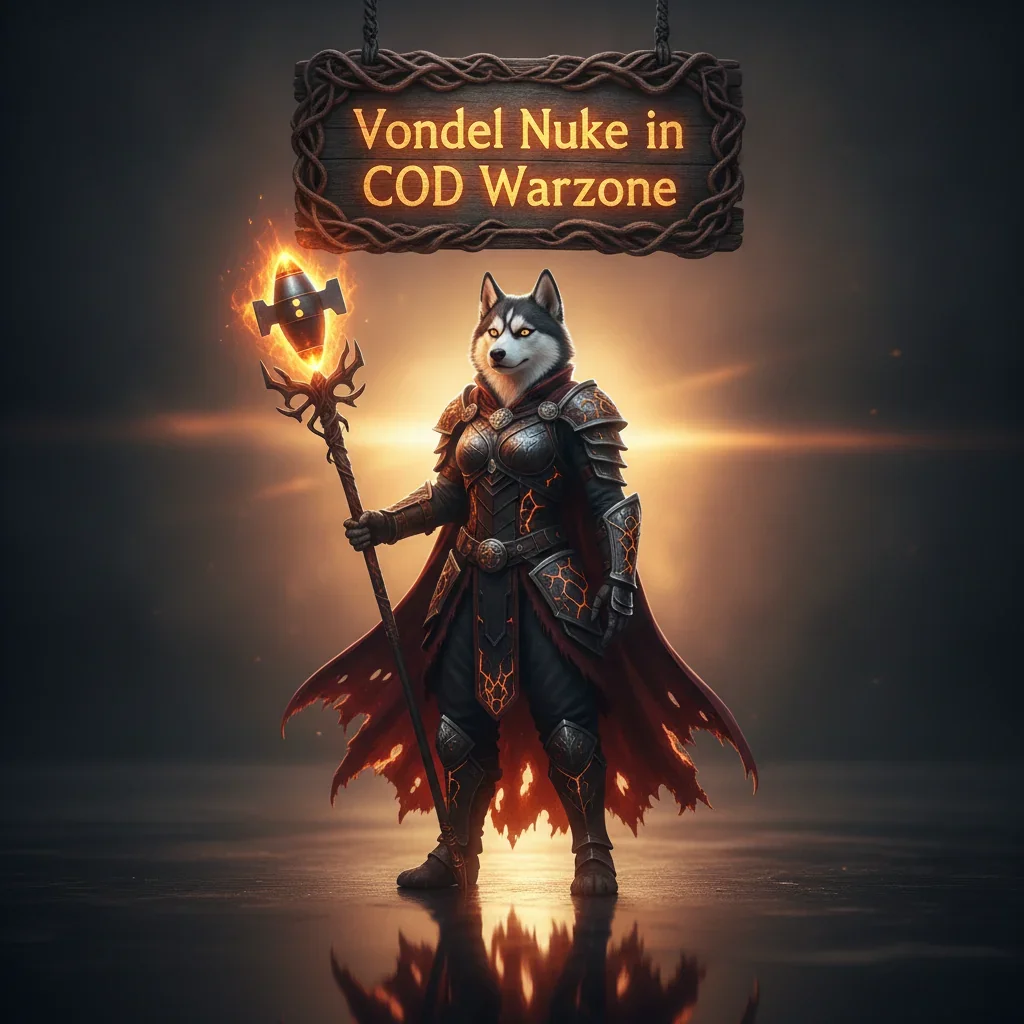 Fantasy artwork of an anthropomorphic husky in armored gear within a dramatic, ruined fantasy city, themed around the ultimate Nuke objective on Vondel.