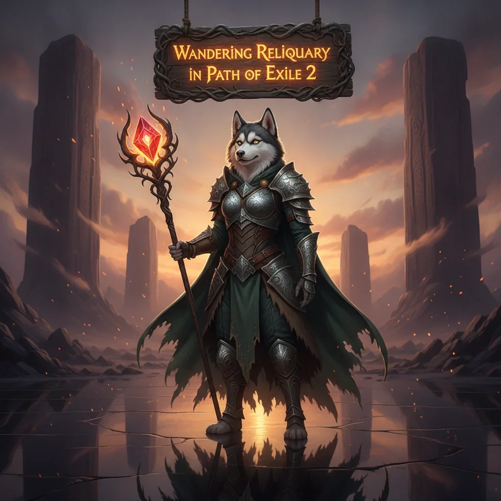 An anthropomorphic husky character in an ornate fantasy outfit, standing in a dark, arcane game-inspired environment, representing Path of Exile 2 Wandering Reliquary content.